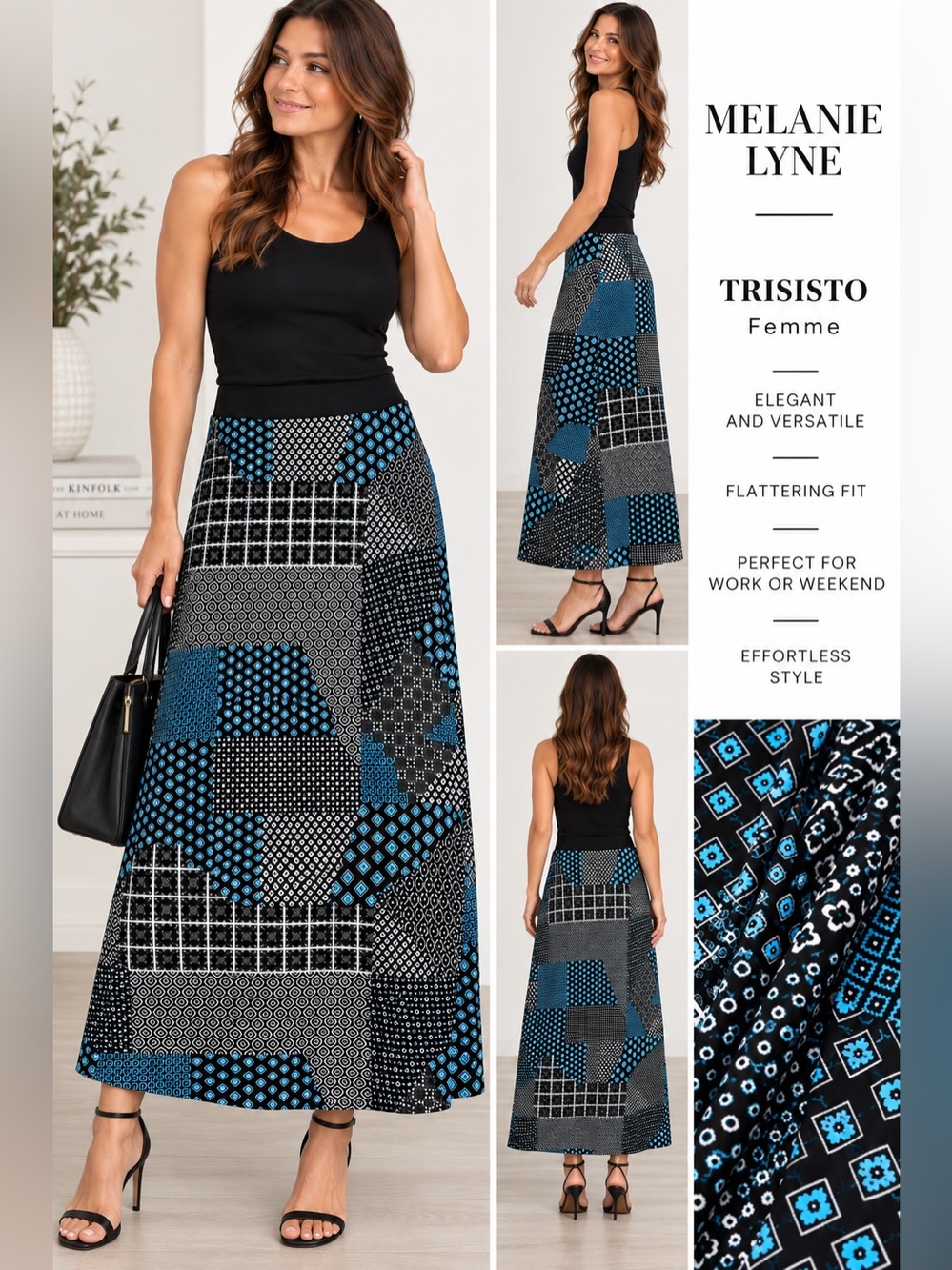 Melanie Lyne TRISISTO Femme Black, White & Blue Geometric Patchwork Maxi Skirt –